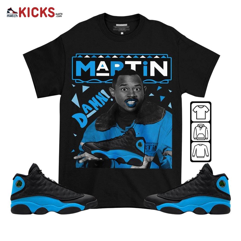 Custom Martin Tv Sneaker Shirt Match Black University Blue 13s, Jordan 13 Black University Blue 2022 MKO T-Shirt Custom Martin Tv Sneaker Shirt Match Black University Blue 13s, Jordan 13 Black University Blue 2022 MKO T-Shirt