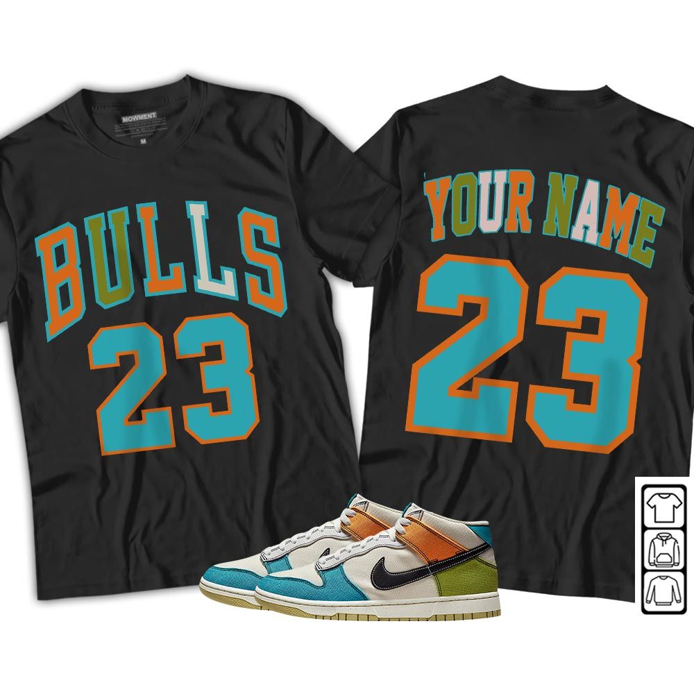 Custom Name Bulls Number 23 Sneaker Shirt Match Mid Pale Ivory, Dunk Mid Multi-Color Canvas MKO T-Shirt Custom Name Bulls Number 23 Sneaker Shirt Match Mid Pale Ivory, Dunk Mid Multi-Color Canvas MKO T-Shirt