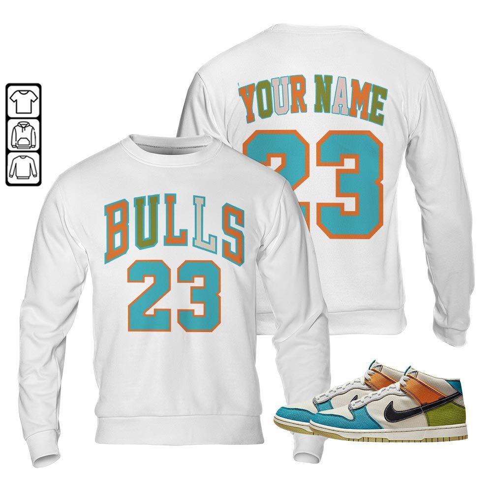 Custom Name Bulls Number 23 Sneaker Shirt Match Mid Pale Ivory, Dunk Mid Multi-Color Canvas MKO T-Shirt Custom Name Bulls Number 23 Sneaker Shirt Match Mid Pale Ivory, Dunk Mid Multi-Color Canvas MKO T-Shirt