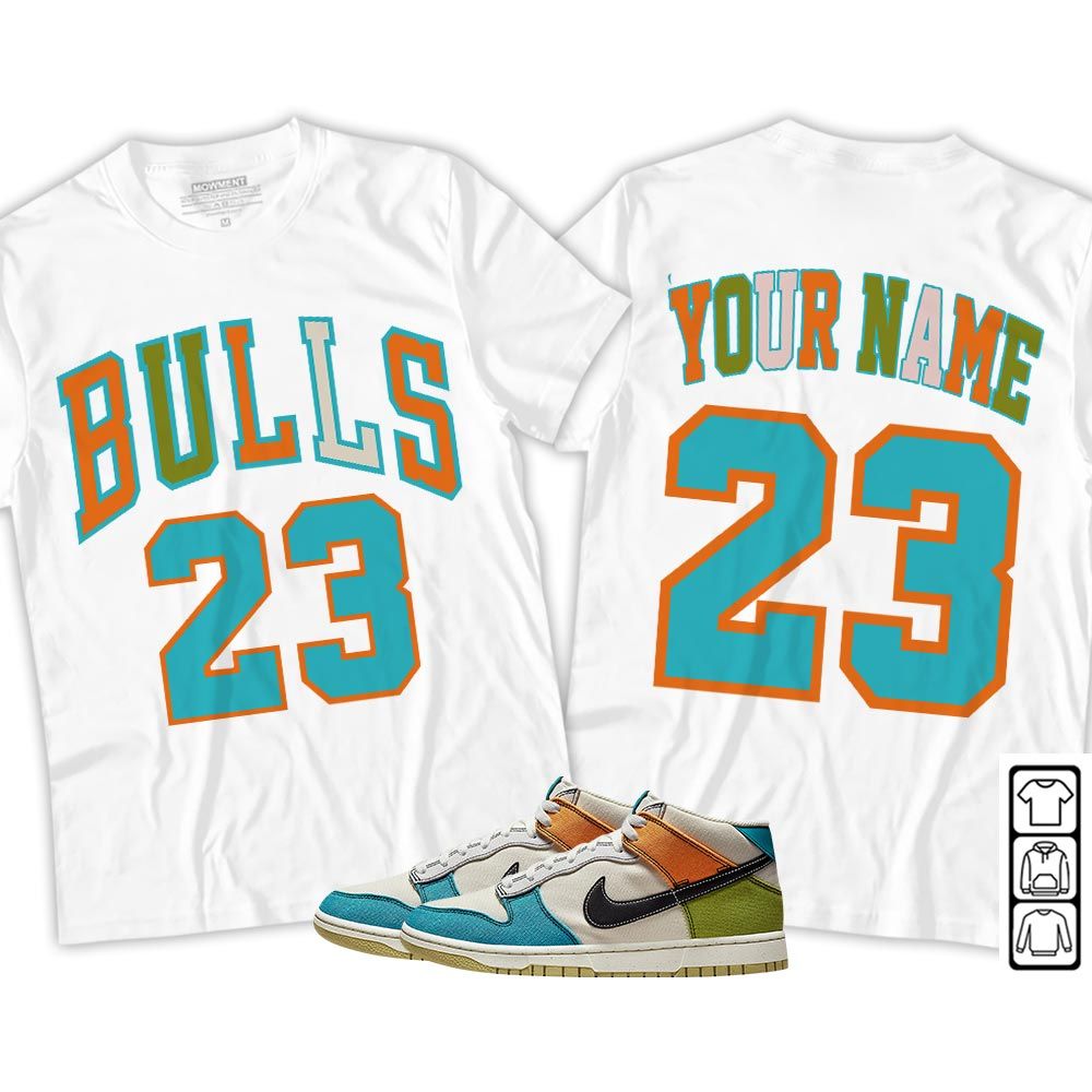 Custom Name Bulls Number 23 Sneaker Shirt Match Mid Pale Ivory, Dunk Mid Multi-Color Canvas MKO T-Shirt Custom Name Bulls Number 23 Sneaker Shirt Match Mid Pale Ivory, Dunk Mid Multi-Color Canvas MKO T-Shirt