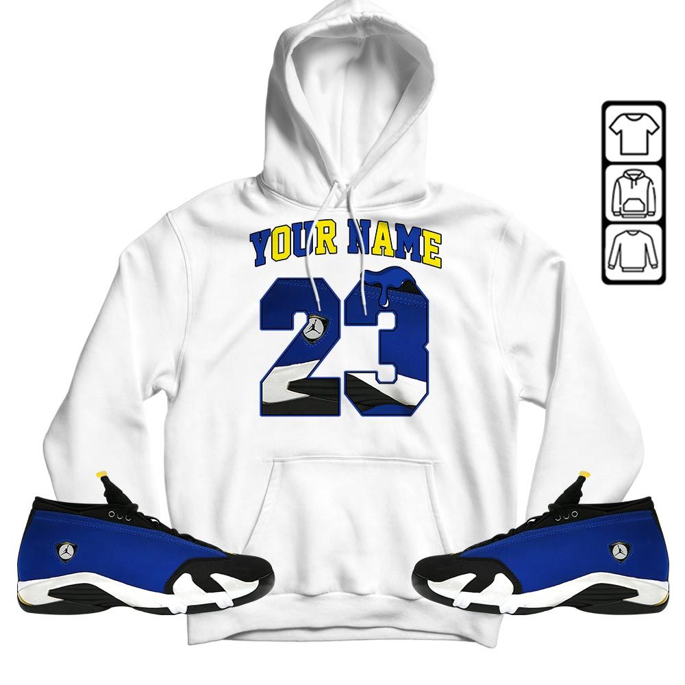 Custom Name Design Number 23 Drip Shoes Sneaker Shirt Match 2023 Blue Laney 14s, Jordan 14 Laney MKO T-Shirt