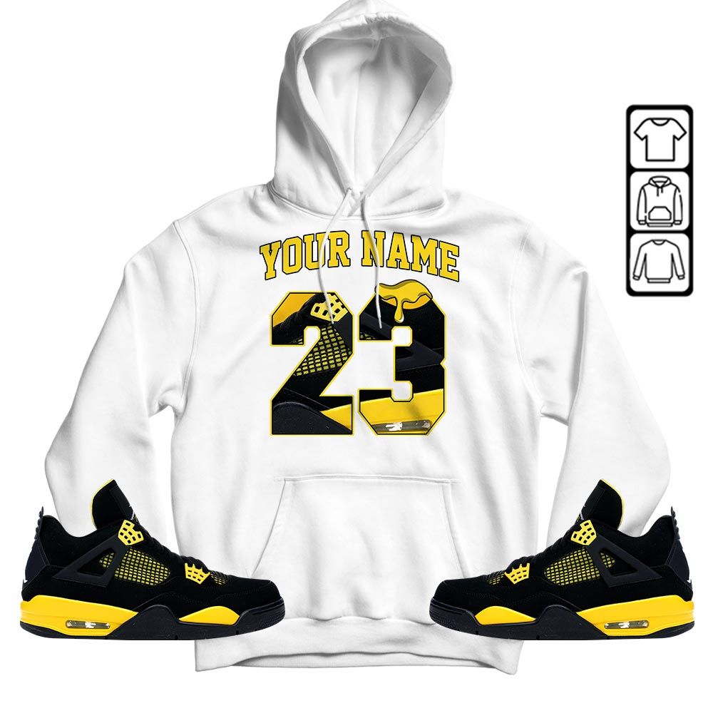 Custom Name Design Number 23 Drip Shoes Sneaker Shirt Match 2023 Thunder 4s, Jordan Retro 4 Thunder MKO T-Shirt