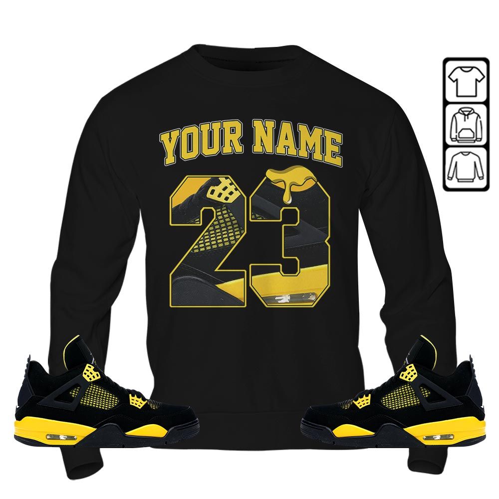 Custom Name Design Number 23 Drip Shoes Sneaker Shirt Match 2023 Thunder 4s, Jordan Retro 4 Thunder MKO T-Shirt Custom Name Design Number 23 Drip Shoes Sneaker Shirt Match 2023 Thunder 4s, Jordan Retro 4 Thunder MKO T-Shirt