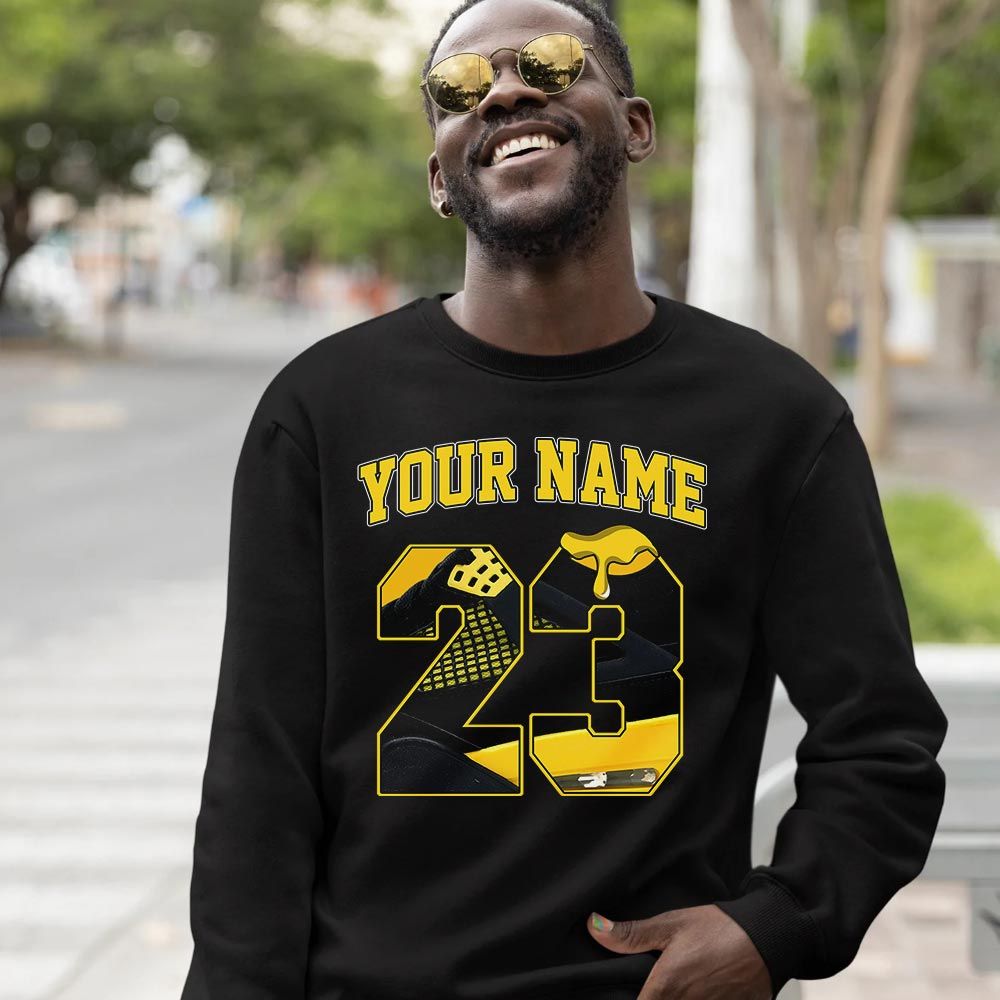 Custom Name Design Number 23 Drip Shoes Sneaker Shirt Match 2023 Thunder 4s, Jordan Retro 4 Thunder MKO T-Shirt Custom Name Design Number 23 Drip Shoes Sneaker Shirt Match 2023 Thunder 4s, Jordan Retro 4 Thunder MKO T-Shirt