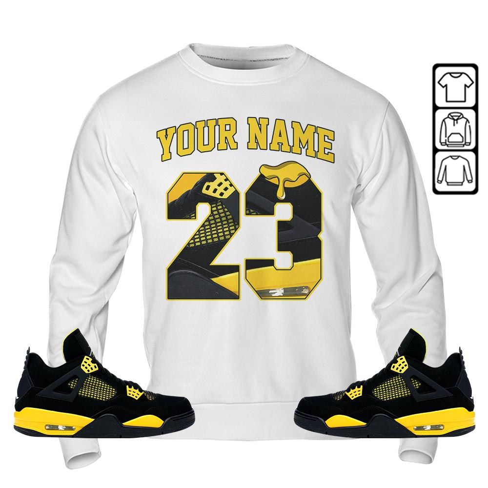 Custom Name Design Number 23 Drip Shoes Sneaker Shirt Match 2023 Thunder 4s, Jordan Retro 4 Thunder MKO T-Shirt Custom Name Design Number 23 Drip Shoes Sneaker Shirt Match 2023 Thunder 4s, Jordan Retro 4 Thunder MKO T-Shirt