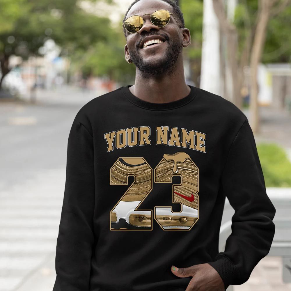 Custom Name Design Number 23 Drip Shoes Sneaker Shirt Match Air Max 97 Metallic Gold, Air Max 97 Gold Bullet MKO T-Shirt Custom Name Design Number 23 Drip Shoes Sneaker Shirt Match Air Max 97 Metallic Gold, Air Max 97 Gold Bullet MKO T-Shirt