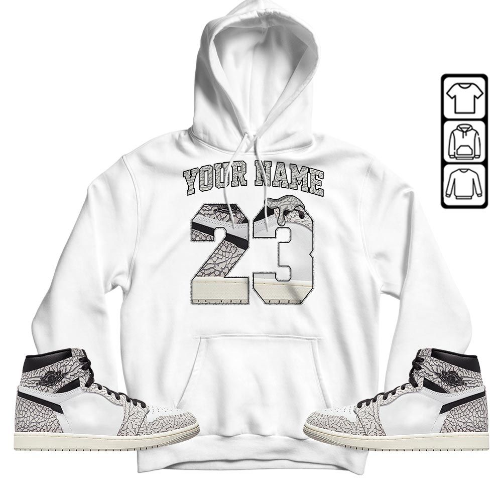 Custom Name Design Number 23 Drip Shoes Sneaker Shirt Match OG Elephant 1s, Jordan 1 White Cement MKO T-Shirt