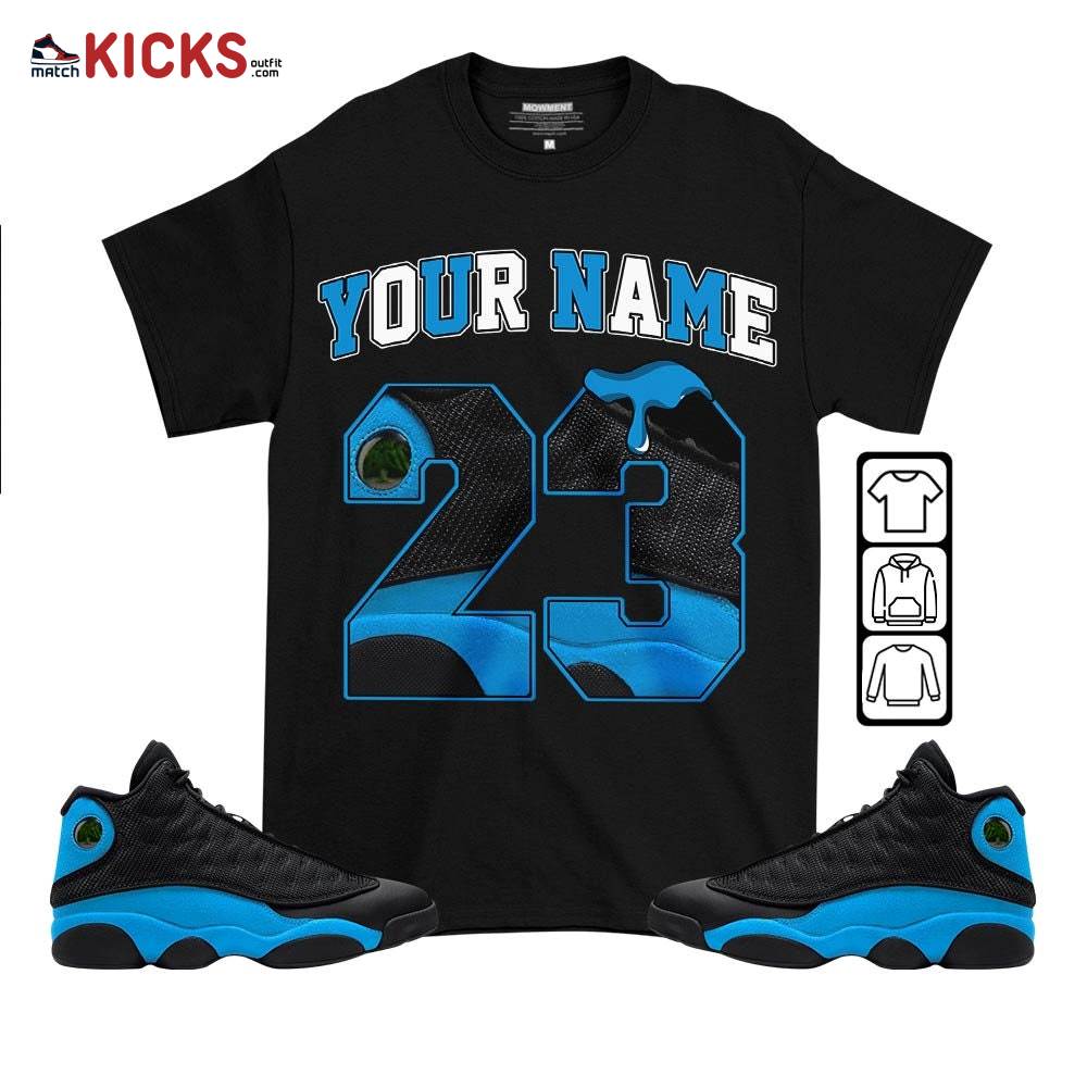 Custom Number 23 Drip Shoes Sneaker Shirt Match Black University Blue 13s, Jordan 13 Black University Blue 2022 MKO T-Shirt
