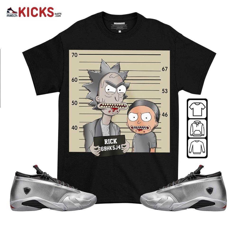 Custom Rick Wanted Sneaker Shirt Match 14 Low Metallic Silver, Jordan 14 Metallic Silver MKO T-Shirt
