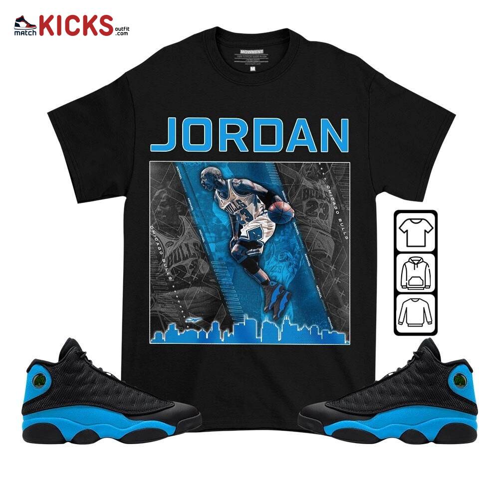Custome 23 City Sneaker Shirt Match Black University Blue 13s, Jordan 13 Black University Blue 2022 MKO T-Shirt