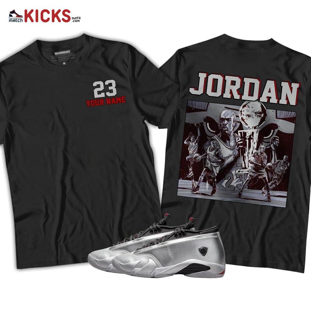 Custome Cup 23 Sneaker Shirt Match 14 Low Metallic Silver, Jordan 14 Metallic Silver MKO T-Shirt