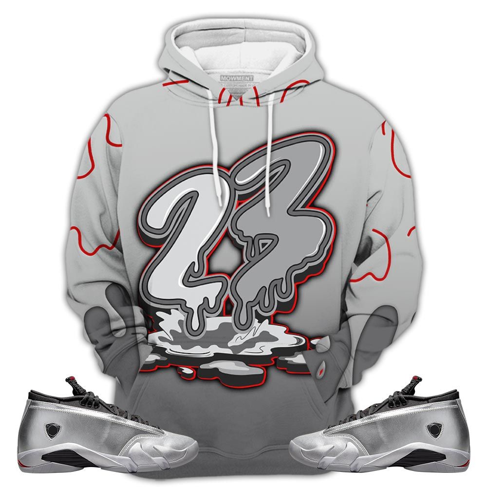 D01Hd 23 Drip Sneaker Shirt Match 14 Low Metallic Silver, Jordan 14 Metallic Silver Hoodie Sweatshirt Tee All Over Print MKO Shirt