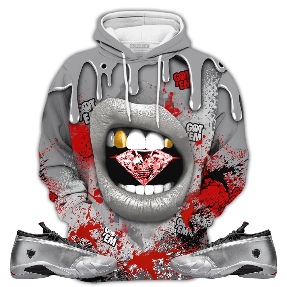 D02Hd Diamond Lips Sneaker Shirt Match 14 Low Metallic Silver, Jordan 14 Metallic Silver Hoodie Sweatshirt Tee All Over Print MKO Shirt