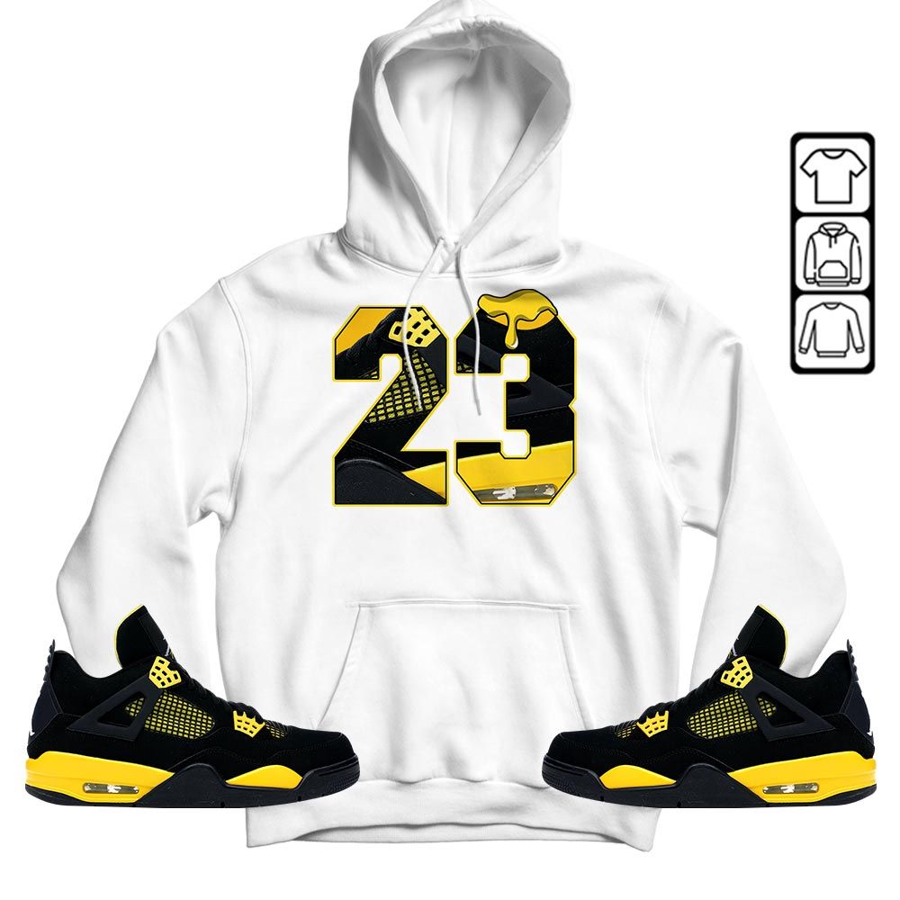 Design Number 23 Drip Shoes Sneaker Shirt Match 2023 Thunder 4s, Jordan Retro 4 Thunder MKO T-Shirt