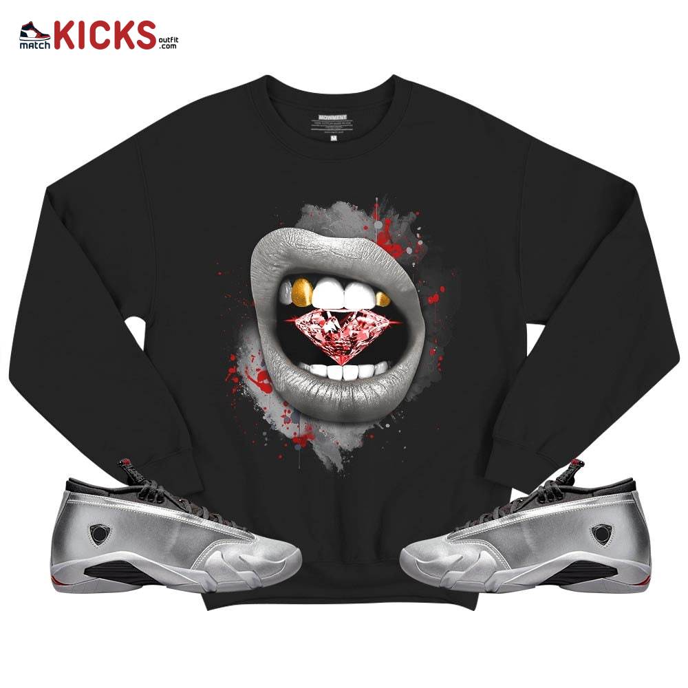 Diamond Lips Sneaker Shirt Match 14 Low Metallic Silver, Jordan 14 Metallic Silver MKO T-Shirt Diamond Lips Sneaker Shirt Match 14 Low Metallic Silver, Jordan 14 Metallic Silver MKO T-Shirt