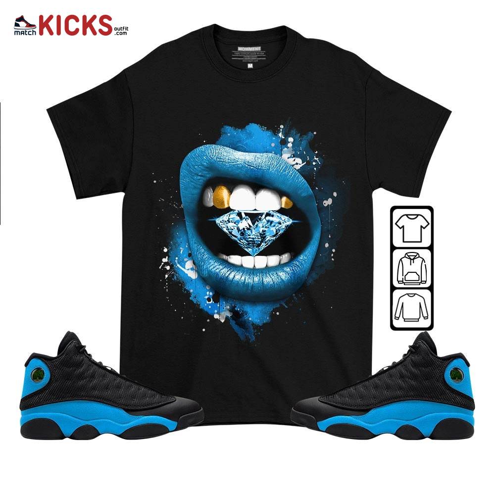 Diamond Lips Sneaker Shirt Match Black University Blue 13s, Jordan 13 Black University Blue 2022 MKO T-Shirt