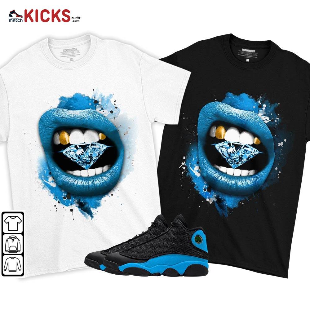 Diamond Lips Sneaker Shirt Match Black University Blue 13s, Jordan 13 Black University Blue 2022 MKO T-Shirt Diamond Lips Sneaker Shirt Match Black University Blue 13s, Jordan 13 Black University Blue 2022 MKO T-Shirt
