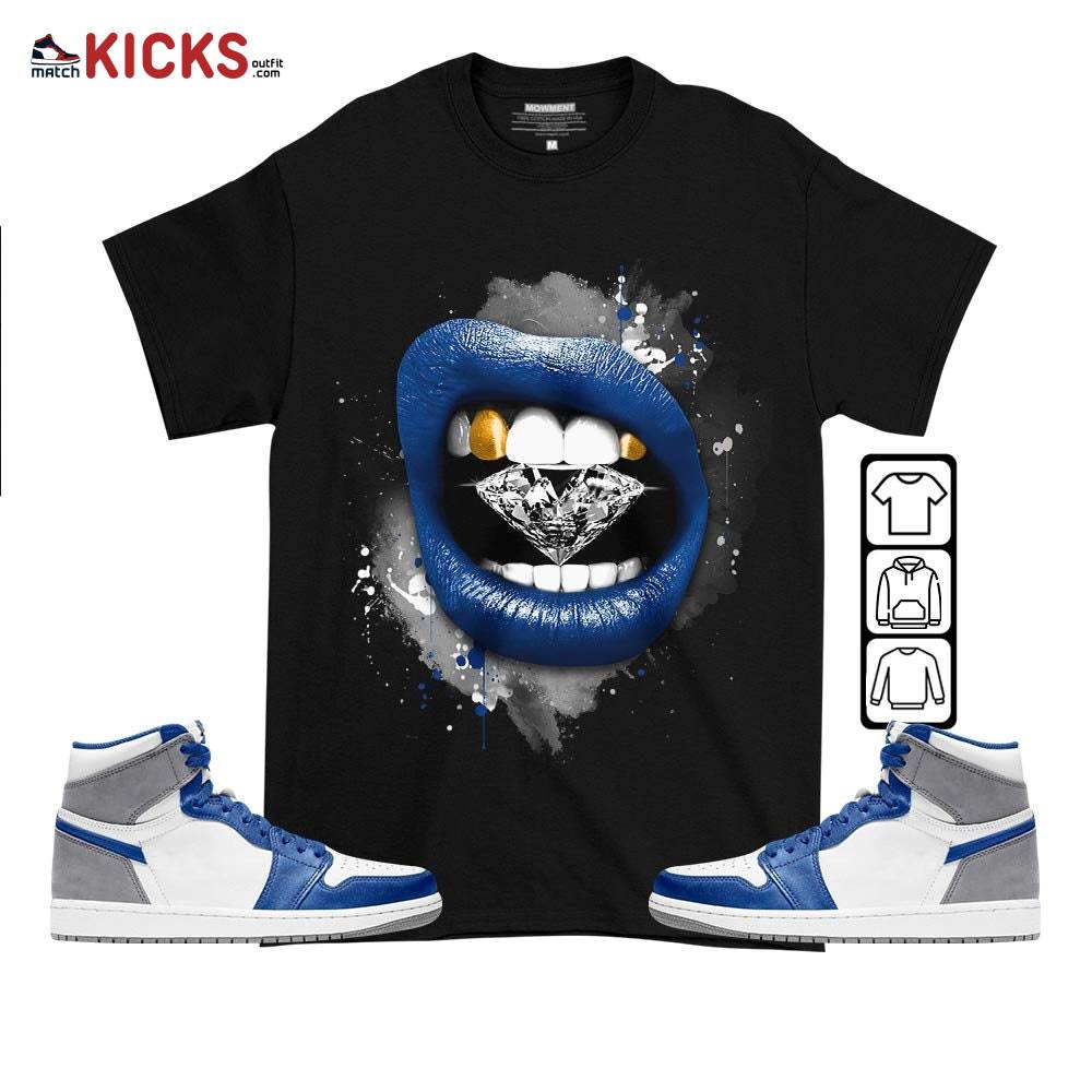 Diamond Lips Sneaker Shirt Match True Blue 1s, Jordan 1 High OG True Blue MKO T-Shirt