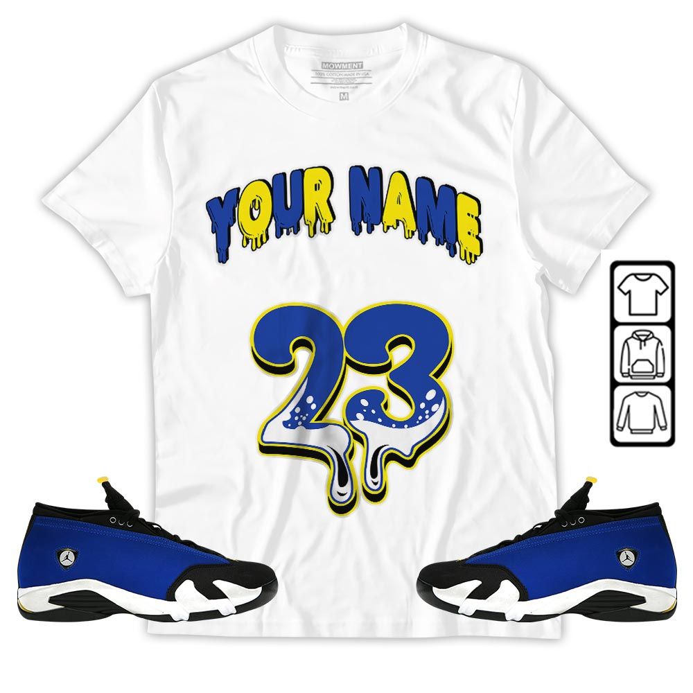 Dripping 23 Custom Sneaker Shirt Match 2023 Blue Laney 14s, Jordan 14 Laney MKO Hoodie
