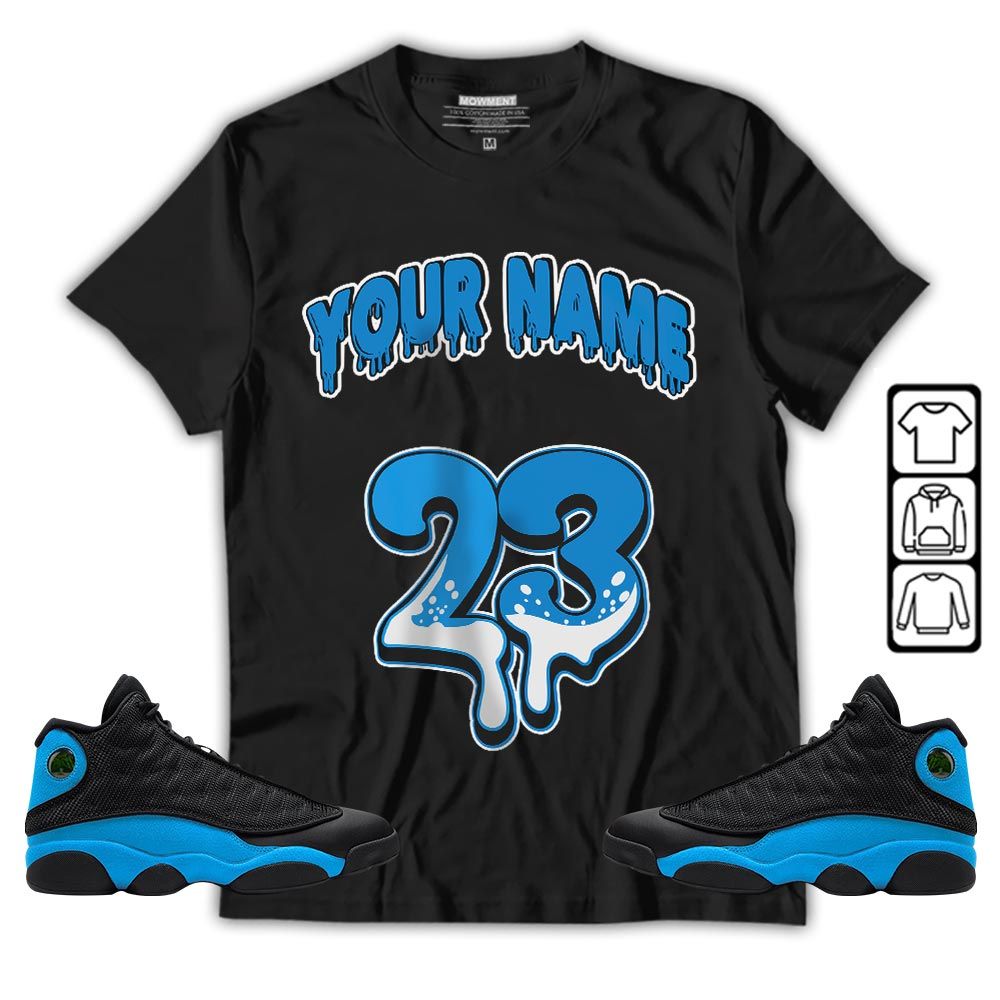 Dripping 23 Custom Sneaker Shirt Match Black University Blue 13s, Jordan 13 Black University Blue 2022 MKO T-Shirt