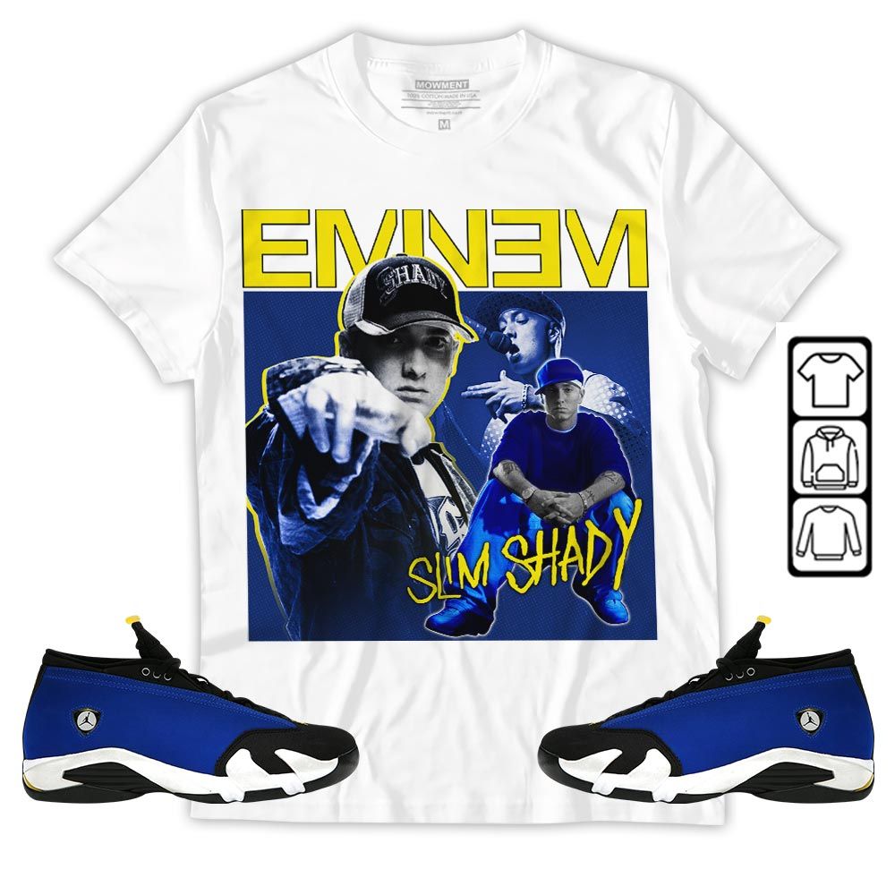 Eminem2 Sneaker Shirt Match 2023 Blue Laney 14s, Jordan 14 Laney MKO T-Shirt