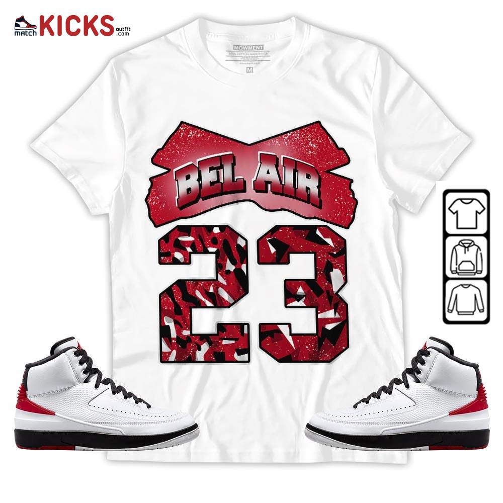Fresh Bel Air Number 23 Sneaker Shirt Match 2 Chicago Varsity Red, Jordan Retro 2 Chicago MKO Sweatshirt