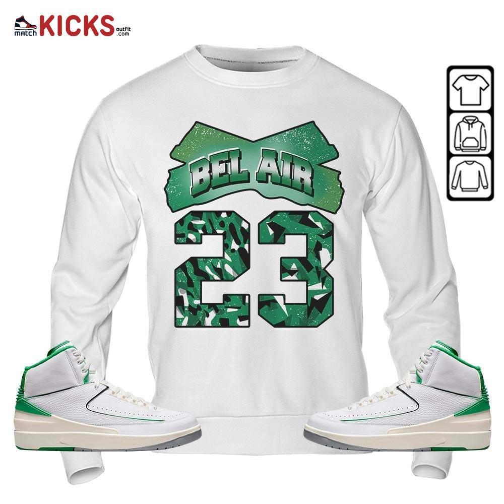 Fresh Bel Air Number 23 Sneaker Shirt Match Lucky Green 2s, Jordan 2 Lucky Green MKO Sweatshirt