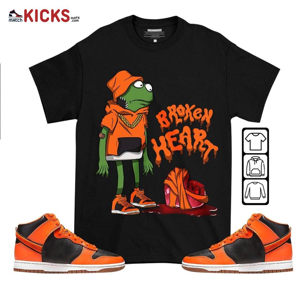 Frog Broken Heart Sneaker Shirt Match Dunk Black Orange, Dunk High GS Safety Orange MKO T-Shirt