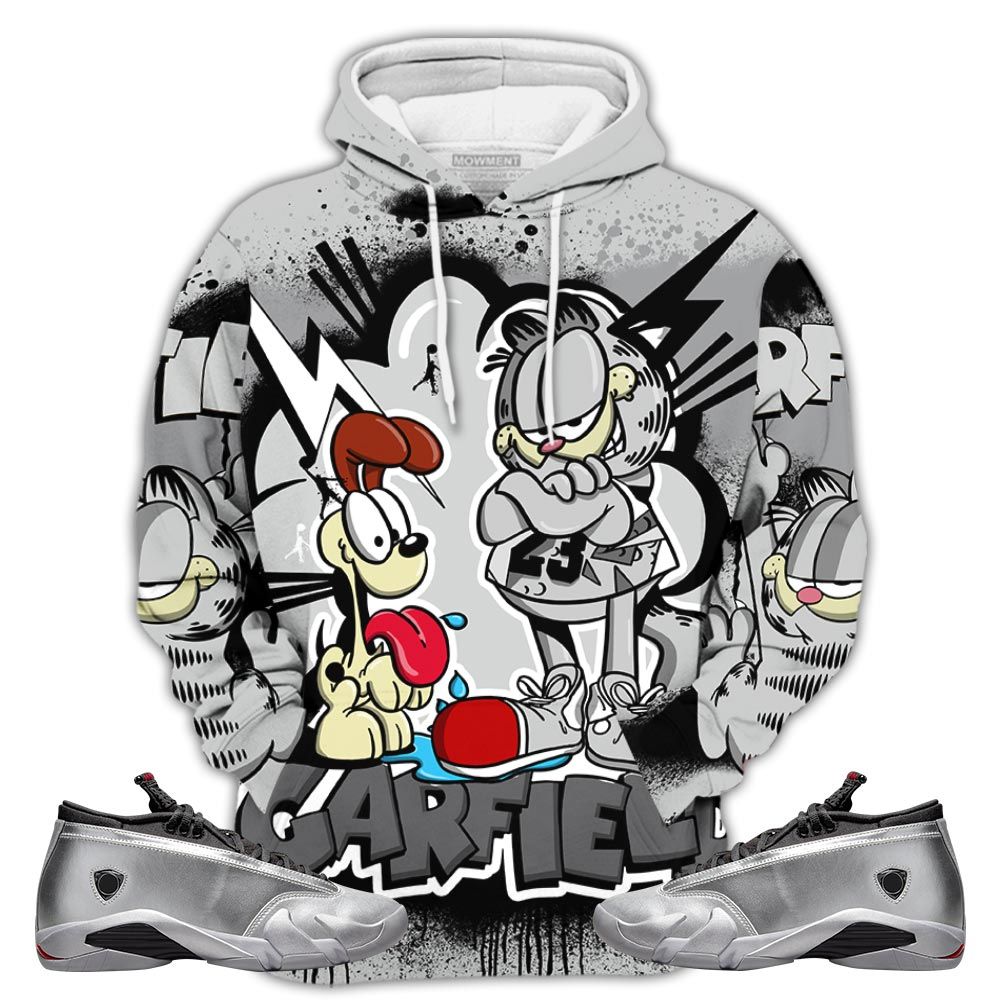 Funny Garfield Odie Sneaker Shirt Match 14 Low Metallic Silver, Jordan 14 Metallic Silver Hoodie Sweatshirt Tee All Over Print MKO Shirt