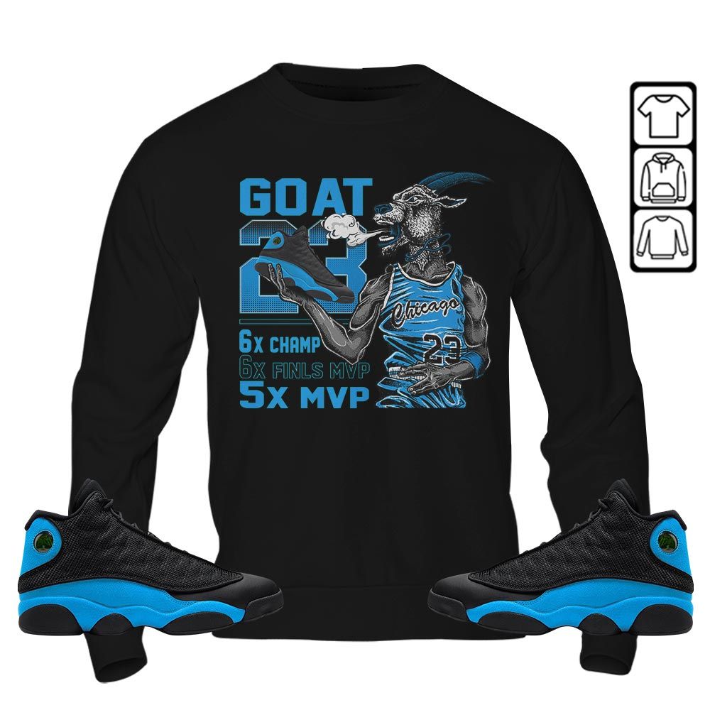 Goat MVP Sneaker Shirt Match Black University Blue 13s, Jordan 13 Black University Blue 2022 MKO Sweatshirt Goat MVP Sneaker Shirt Match Black University Blue 13s, Jordan 13 Black University Blue 2022 MKO Sweatshirt