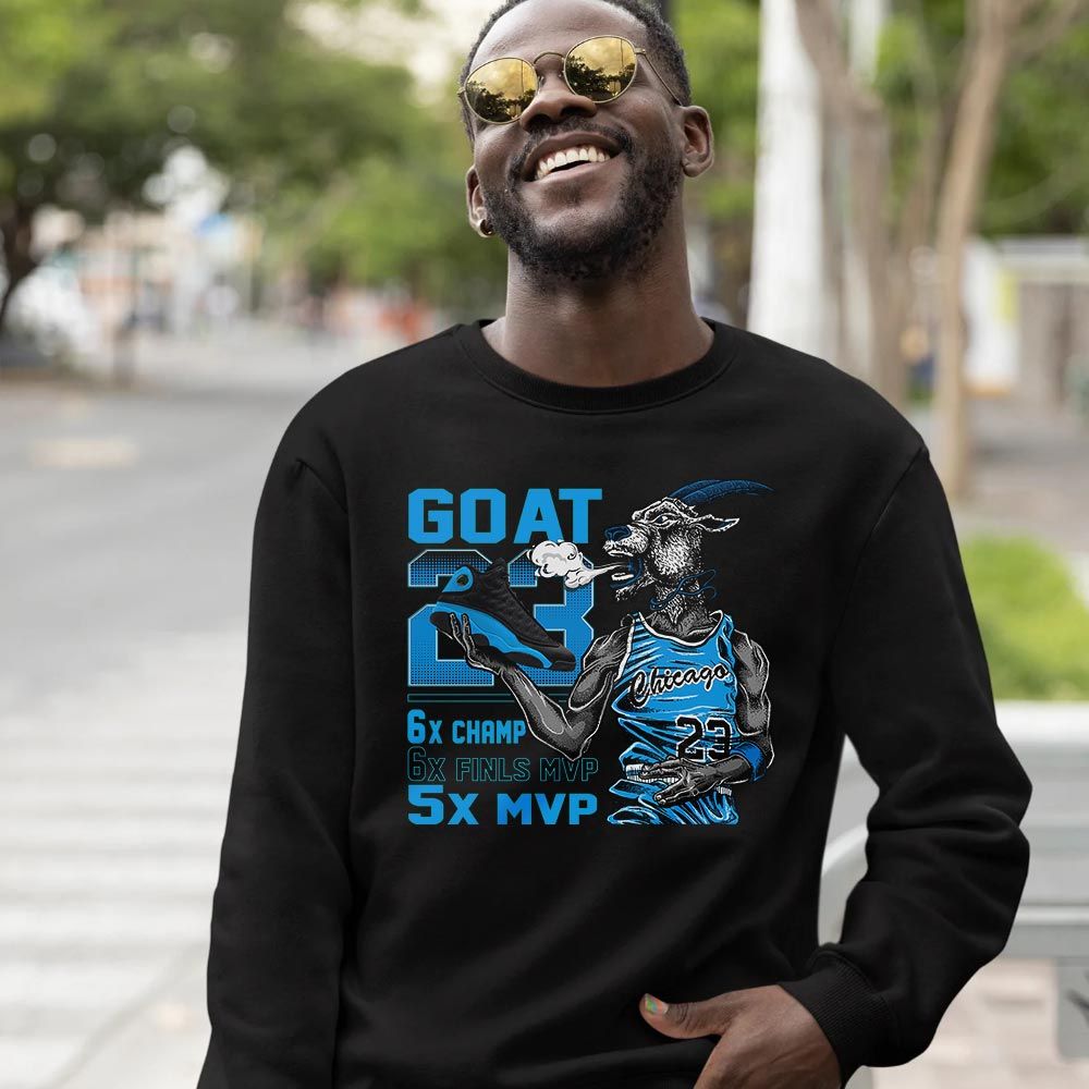 Goat MVP Sneaker Shirt Match Black University Blue 13s, Jordan 13 Black University Blue 2022 MKO Sweatshirt Goat MVP Sneaker Shirt Match Black University Blue 13s, Jordan 13 Black University Blue 2022 MKO Sweatshirt