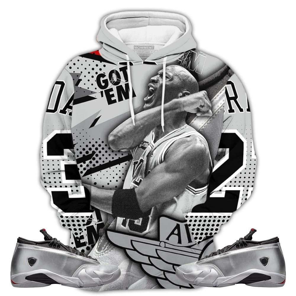 Goat Number 23 Sneaker Shirt Match 14 Low Metallic Silver, Jordan 14 Metallic Silver Hoodie Sweatshirt Tee All Over Print MKO Shirt