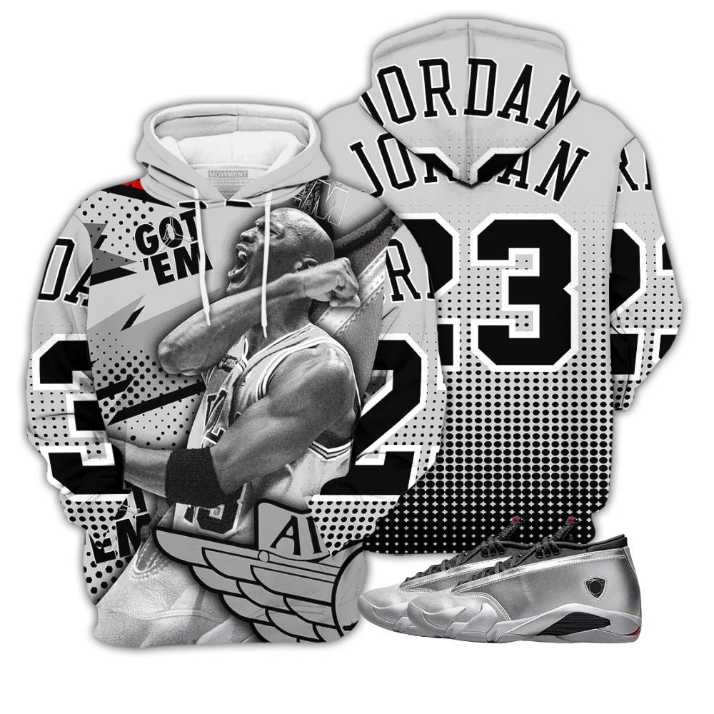 Goat Number 23 Sneaker Shirt Match 14 Low Metallic Silver, Jordan 14 Metallic Silver Hoodie Sweatshirt Tee All Over Print MKO Shirt