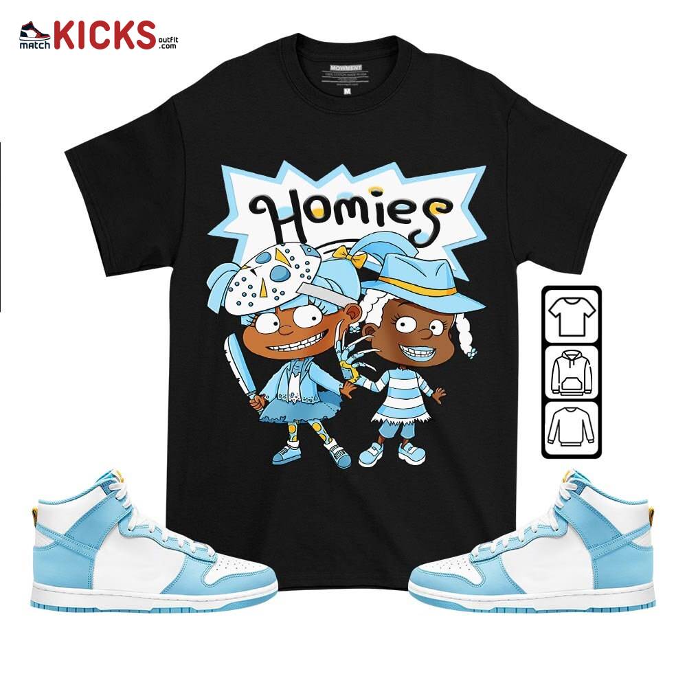 Homies Rugrats Susie Horror Sneaker Shirt Match Dunk High Blue Chill, Dunk High Homer Simpson MKO T-Shirt