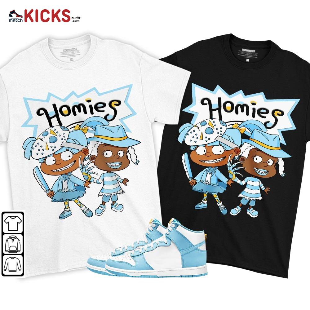 Homies Rugrats Susie Horror Sneaker Shirt Match Dunk High Blue Chill, Dunk High Homer Simpson MKO T-Shirt