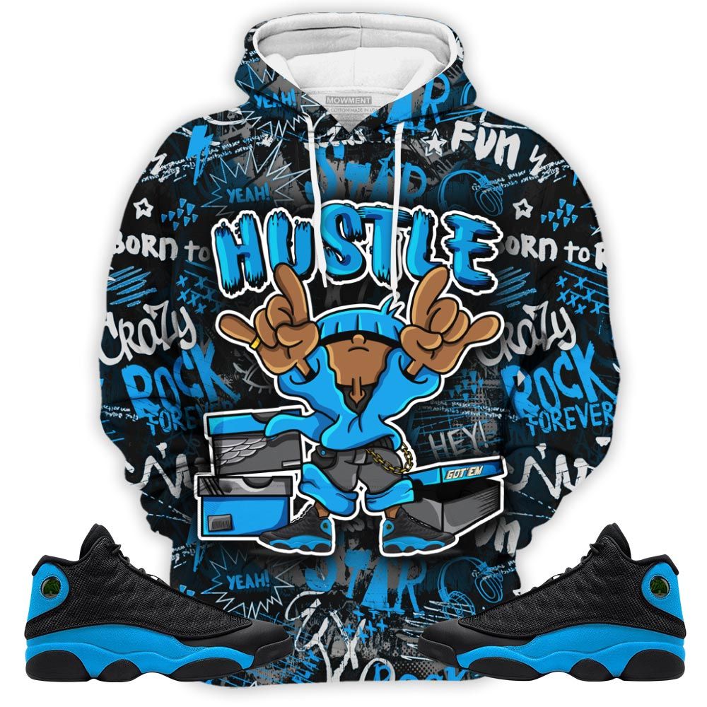 Hustle Sneaker Shirt Match Black University Blue 13S, Jordan 13 Black University Blue 2022 Hoodie Sweatshirt Tee All Over Print MKO Shirt