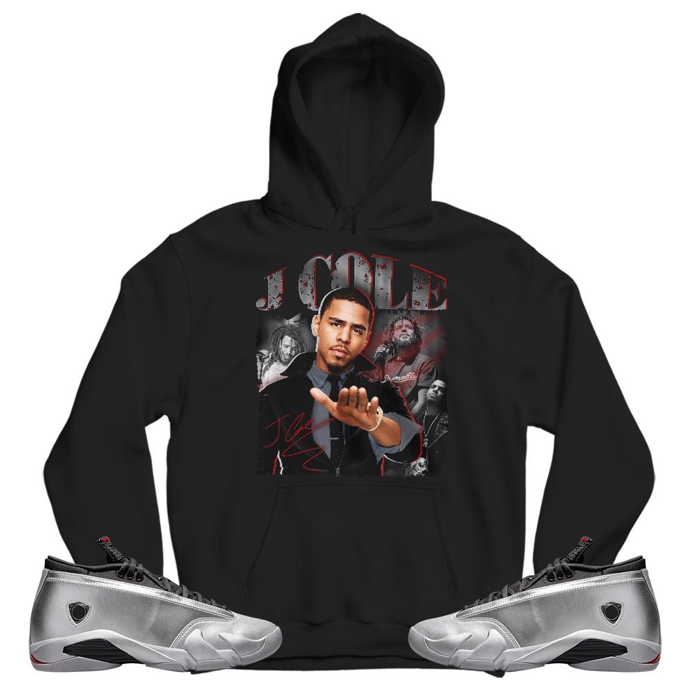 J Cole SIGN Sneaker Shirt Match 14 Low Metallic Silver, Jordan 14 Metallic Silver MKO T-Shirt