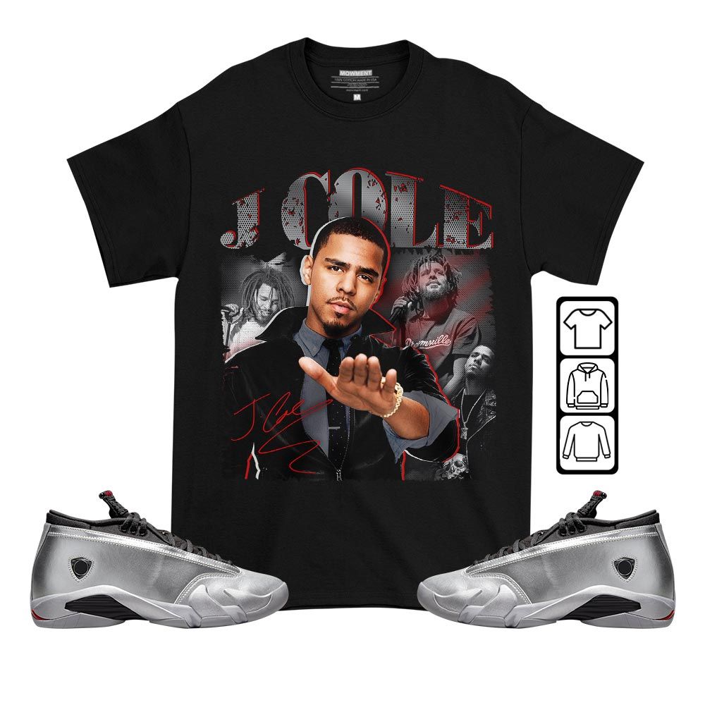 J Cole SIGN Sneaker Shirt Match 14 Low Metallic Silver, Jordan 14 Metallic Silver MKO T-Shirt J Cole SIGN Sneaker Shirt Match 14 Low Metallic Silver, Jordan 14 Metallic Silver MKO T-Shirt