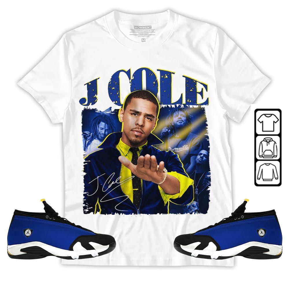 J Cole SIGN Sneaker Shirt Match 2023 Blue Laney 14s, Jordan 14 Laney MKO Hoodie