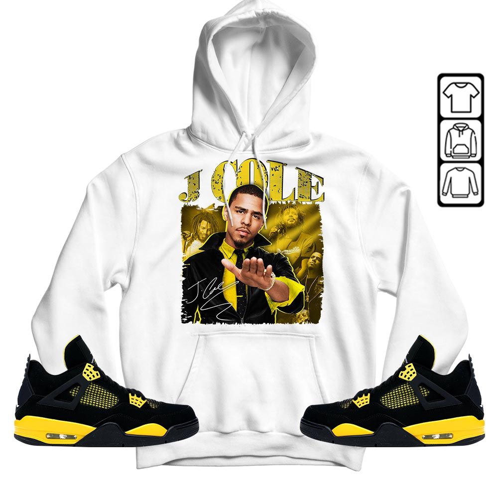 J Cole SIGN Sneaker Shirt Match 2023 Thunder 4s, Jordan Retro 4 Thunder MKO T-Shirt