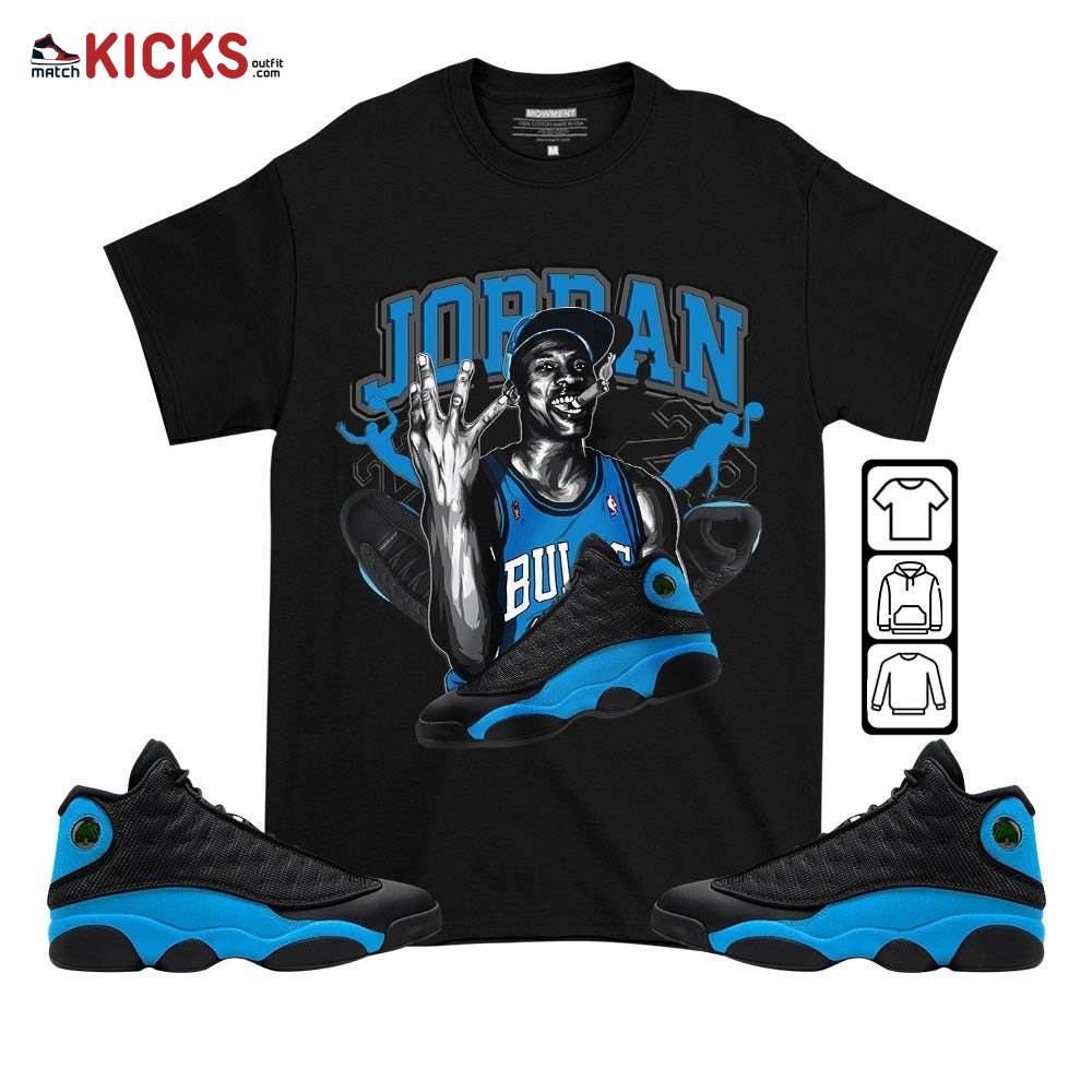 Jordan 23M Sneaker Shirt Match Black University Blue 13s, Jordan 13 Black University Blue 2022 MKO T-Shirt