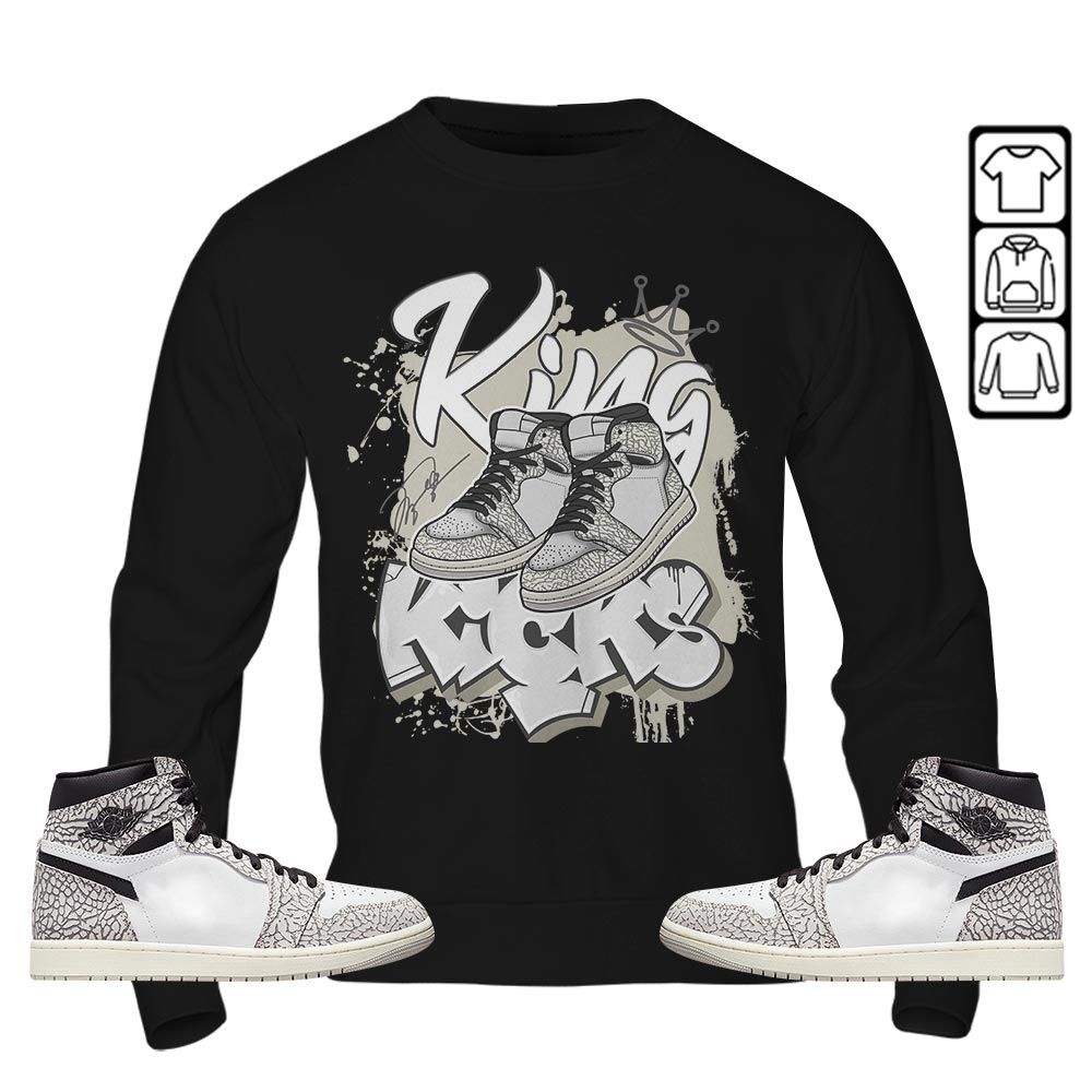 King Kicks 90s Sneaker Shirt Match OG Elephant 1s, Jordan 1 White Cement MKO T-Shirt King Kicks 90s Sneaker Shirt Match OG Elephant 1s, Jordan 1 White Cement MKO T-Shirt
