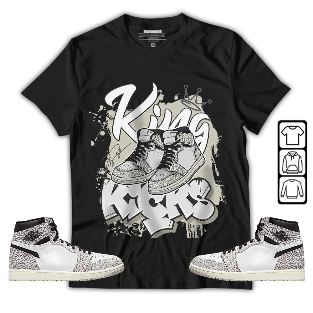 King Kicks 90s Sneaker Shirt Match OG Elephant 1s, Jordan 1 White Cement MKO T-Shirt King Kicks 90s Sneaker Shirt Match OG Elephant 1s, Jordan 1 White Cement MKO T-Shirt