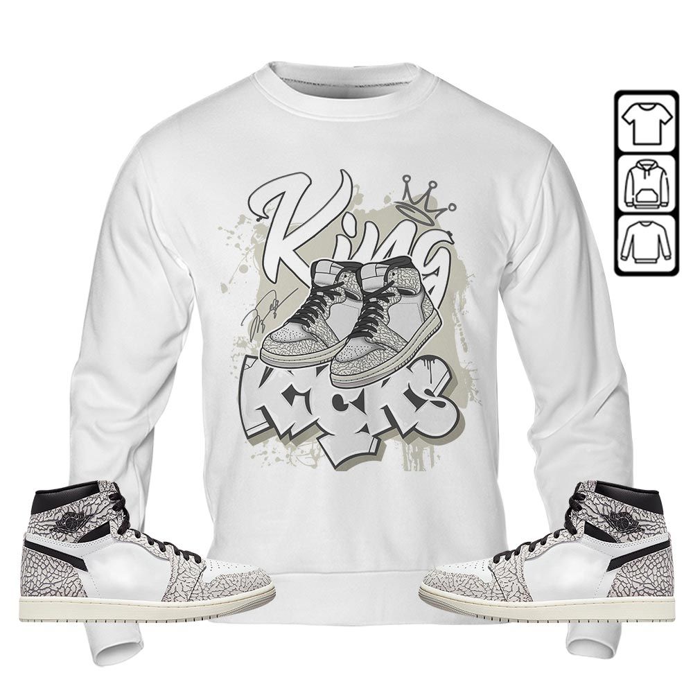 King Kicks 90s Sneaker Shirt Match OG Elephant 1s, Jordan 1 White Cement MKO T-Shirt King Kicks 90s Sneaker Shirt Match OG Elephant 1s, Jordan 1 White Cement MKO T-Shirt