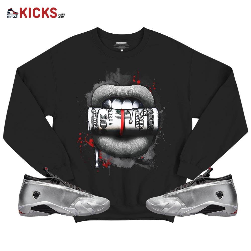 Lips with Money Sneaker Shirt Match 14 Low Metallic Silver, Jordan 14 Metallic Silver MKO T-Shirt Lips with Money Sneaker Shirt Match 14 Low Metallic Silver, Jordan 14 Metallic Silver MKO T-Shirt