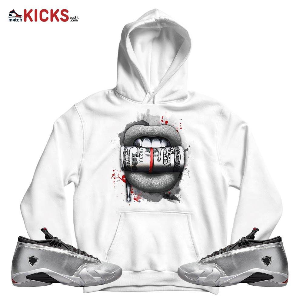 Lips with Money Sneaker Shirt Match 14 Low Metallic Silver, Jordan 14 Metallic Silver MKO T-Shirt Lips with Money Sneaker Shirt Match 14 Low Metallic Silver, Jordan 14 Metallic Silver MKO T-Shirt