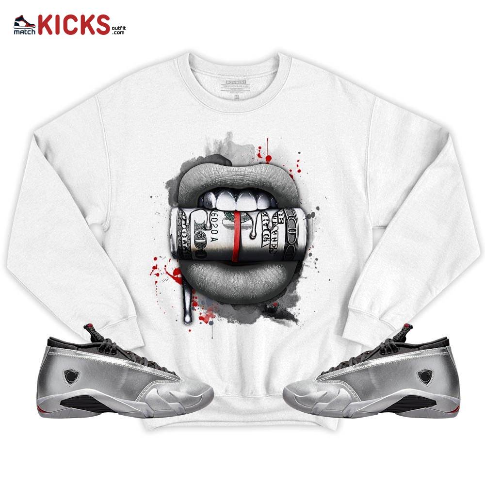 Lips with Money Sneaker Shirt Match 14 Low Metallic Silver, Jordan 14 Metallic Silver MKO T-Shirt Lips with Money Sneaker Shirt Match 14 Low Metallic Silver, Jordan 14 Metallic Silver MKO T-Shirt