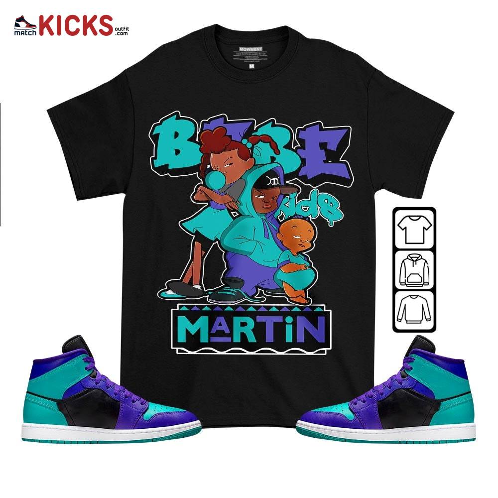 Martin Babe’s Kids 90s Sneaker Shirt Match Mid Black Grape 1s, Jordan 1 Mid Black Grape MKO T-Shirt