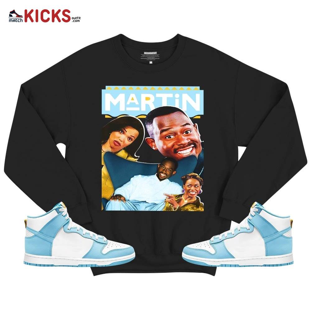 Martin TV1 Sneaker Shirt Match Dunk High Blue Chill, Dunk High Homer Simpson MKO T-Shirt Martin TV1 Sneaker Shirt Match Dunk High Blue Chill, Dunk High Homer Simpson MKO T-Shirt