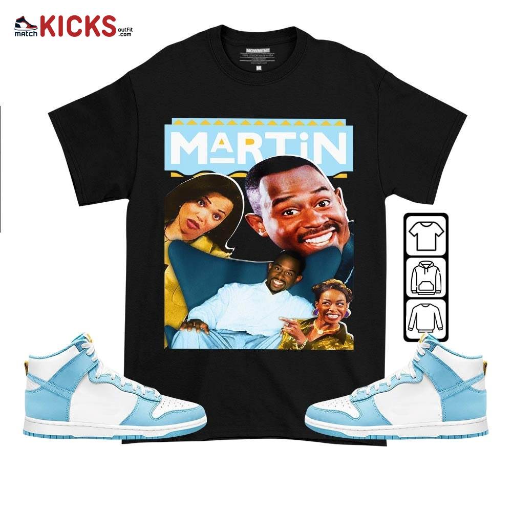 Martin TV1 Sneaker Shirt Match Dunk High Blue Chill, Dunk High Homer Simpson MKO T-Shirt Martin TV1 Sneaker Shirt Match Dunk High Blue Chill, Dunk High Homer Simpson MKO T-Shirt